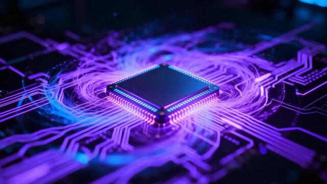 A close-up of a microchip on a circuit board with glowing neon circuits, symbolizing advanced electronics and digital technology.