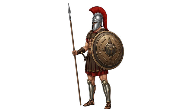 Ancient Greek Hoplite Warrior with Red Plume, cutout, PNG isolated on white or transparent background