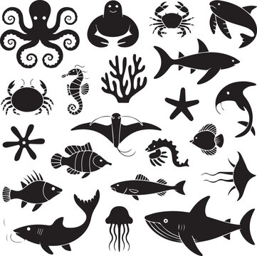 Black and White Sea Creatures Silhouettes Illustration
