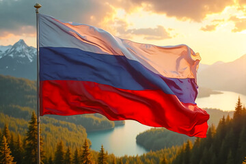 Siberia and the Far East. Russian flag flies from a flagpole in the evening highlands forest with lake.