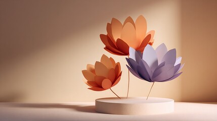 Three paper flowers stand on a small platform in soft, warm light