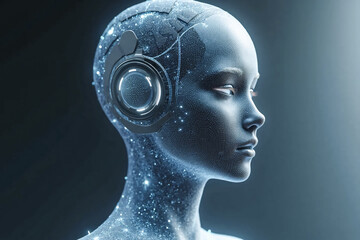 Electronic skin concept. Electronic glowing sensors coating on human head model.