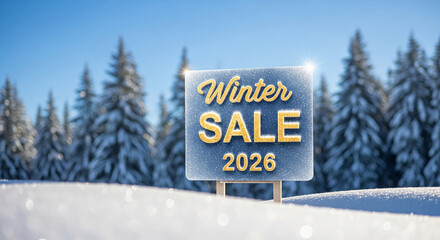 Sign with text Winter Sale 2026, located on snowy ground with coniferous trees, creating festive promotion and future seasonal opportunity
