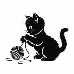 Cute Kitten Playing with Yarn Black Silhouette Vector Illustration