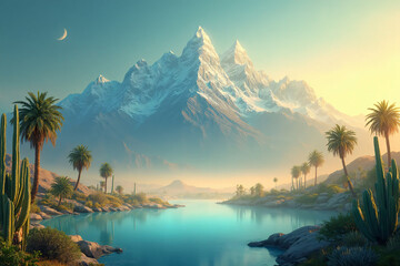 Beautiful fantastic natural landscape. Image combines snow-capped mountain peaks with palm trees and cacti on the shore of a lake.