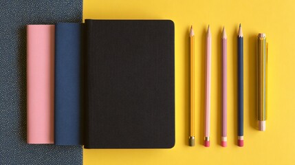 Three notebooks and pencils on split blue/yellow backdrop