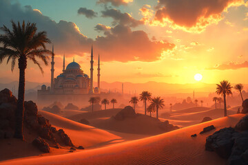 Islam mosque complex in evening desert