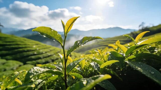 Lush green tea leaves with dew drops under sunlight, set against a misty mountainous tea plantation landscape with terraced fields, clear sky, and distant hills.