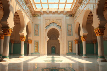Mosque hall. Islam architecture. Beautiful poster muslim holiday.