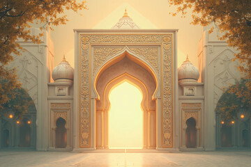 Islam architecture. Entrance arch. Beautiful poster muslim holiday.