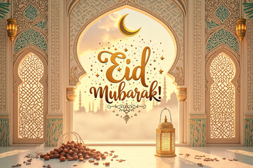 Eid mubarak greeting. Islamic holiday poster. Lettering against the backdrop of the ornaments of Islamic architecture.