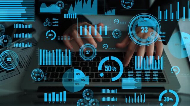 A professional environment showcasing hands typing on a laptop with vibrant statistical graphics hovering above, symbolizing data analysis and business strategy. Xenic
