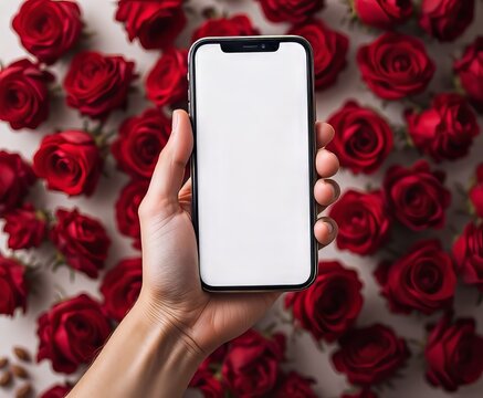 Tel&eacute;fono con la mano y pantalla en blanco delante de rosas rojas