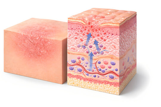 Photorealistic 3D depiction of dermatitis (eczema-like inflammation) on the inner elbow, close-up of dry, mildly red, slightly rough patch with fine scaling and subtle skin thickening