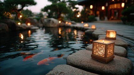 Beautiful serene pond adorned with glowing candles in a tranquil Japanese garden at dusk, evoking a sense of peace, reflection, and the art of Japanese culture.
