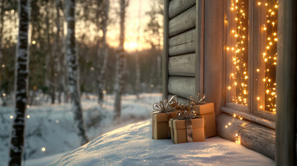 Gift box snow window light winter holiday present ribbon outdoor cozy festive evening forest wooden cabin celebration surprise glowing nature cold decoration peaceful seasonal magical serene