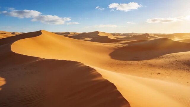 A vast expanse of golden sand dunes stretches under a bright blue sky with scattered clouds, showcasing the natural beauty and texture of the desert landscape.