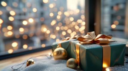 Gift box with golden ribbon, festive ornament, snow, and glowing lights create warm holiday atmosphere near window, evoking joy and celebration in cozy winter setting
