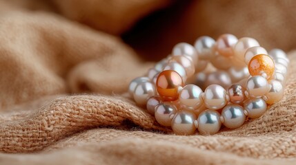 A classic pearl bracelet gracefully resting on soft, cozy fabric, highlighting elegance and nostalgia, combining natural beauty and warmth in an intimate setting.