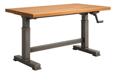 Height-adjustable workbench with a sturdy steel frame, ideal for woodworking shops.
