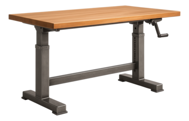 Height-adjustable workbench with a sturdy steel frame, ideal for woodworking shops.
