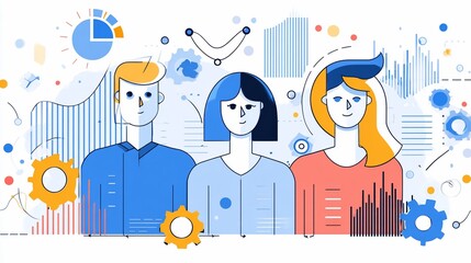 Three people stand amidst data visualizations, charts, and geometric shapes