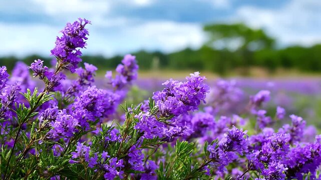 Field of vibrant purple flowers blooming in sunlit meadow with softly blurred horizon in defocused background, wildflower landscape, spring scenery, peaceful floral vista, with cop