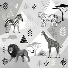 Obraz premium Stylized Safari Animals with Geometric Background, perfect for educational materials, children's designs, wall art, nursery decor, or adventure-themed branding