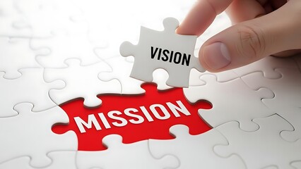 Hand placing vision puzzle piece over red mission piece completing strategic business concept puzzle