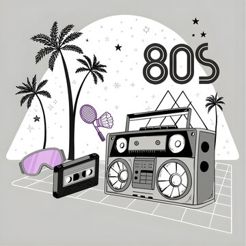 80s Retro Theme with Boombox, Cassette, and Palm Trees, ideal for vintage party posters, nostalgia branding, music covers, youth merchandise, and pop culture content
