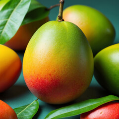 Juicy mango. Fresh fruit with green leaves  