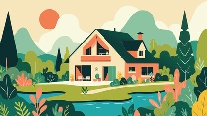 Naklejka premium Vector Illustration of an Ecological House with Biophilic Design Elements