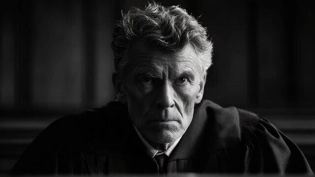 A somber and intense courtroom atmosphere is captured in these frames, showcasing the resolute demeanor of a judge contemplating a critical decision amidst a backdrop of justice and duty.