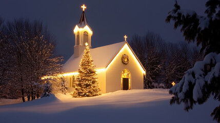 Peaceful church illuminated by soft holiday lights, surrounded by snow, glowing Christmas tree, serene winter night, festive, tranquil, rural landscape