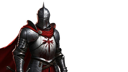 Fototapeta premium Bloodstained Knight in Silver Armor with Red Cape, cutout, PNG isolated on white or transparent background