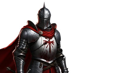Bloodstained Knight in Silver Armor with Red Cape, cutout, PNG isolated on white or transparent background