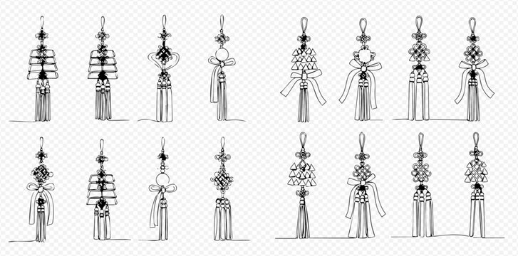 Set of hand-drawn traditional Korean norigae pendants with intricate designs and tassels.