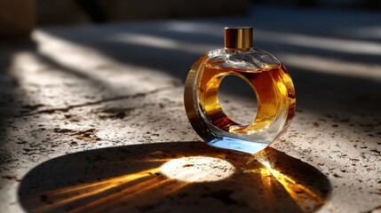An elegant perfume bottle crafted from glass exhibits a mesmerizing play of light and shadows, enhancing the allure of fragrance while posing as a beautiful decorative piece in any setting.
