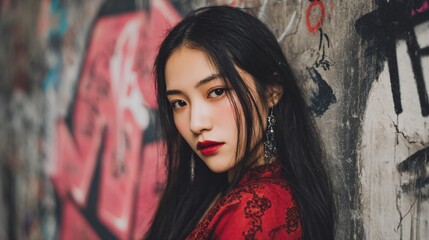 Portrait of a young woman with dark hair, against graffiti background
