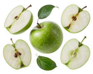 Green apples and apple slices with leaves fruit isolated on a transparent background