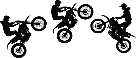 Motocross Rider Performing Wheelie Silhouettes On White Background motorcycle stunt © Aman9