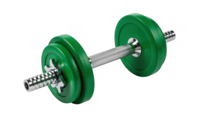 Green dumbbell with silver handle and weights isolated on a transparent background