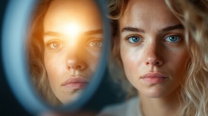 This image features a woman thoughtfully reflecting in a mirror, symbolizing self-exploration, introspection, and the importance of self-awareness in understanding emotions and identity.