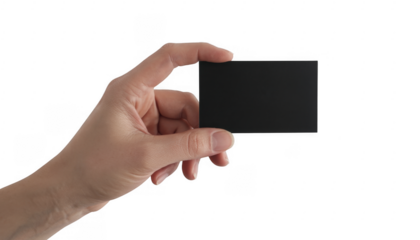 Hand holding a blank black business card blank card black card isolated on a transparent background
