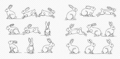 Continuous line drawing of rabbits in various poses, including sitting, running, and jumping, on a transparent background.