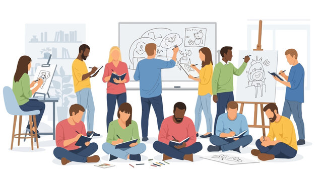 Creative classroom environment with diverse students engaging in art and discussion