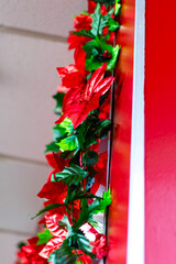 Saturated red and green plants on a red wall with one white stripe on it. 