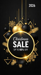 Digital image with black and gold Christmas ornaments and snowflakes against black background, with round frame, text "Christmas Sale", advertising concept