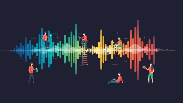 Digital illustration of people interacting with colorful soundwaves and audio effects in a