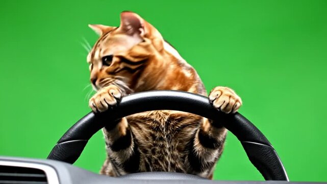 Funny Cat Driving Car Holding Steering Wheel On Green Screen Background For Comedy Visual Effects